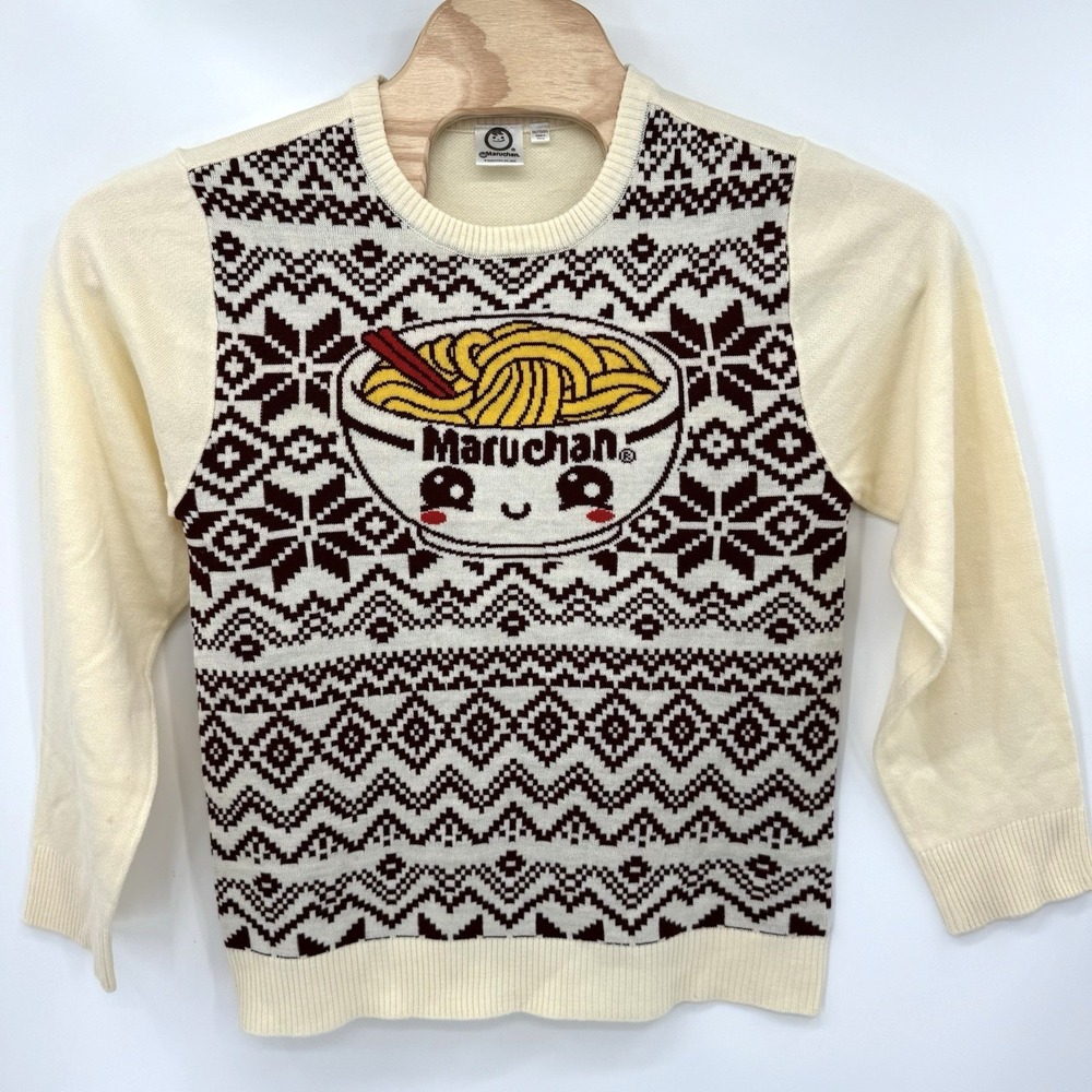 Maruchan Sweater Womens XXL Cream Ramen Graphic Fair Isle Knit Soup Novelty